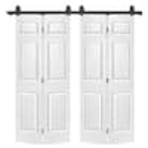CALHOME 48 in. x 80 in. 6-Panel White Painted MDF Composite Double Bi-Fold Barn Door with Sliding Hardware Kit BIFOLD-1300-4-TOP+6PANEL-24W(2)