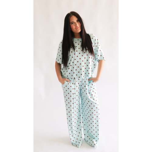 Women's T-Shirt and Pants Set in Blue & Brown Polka Dot