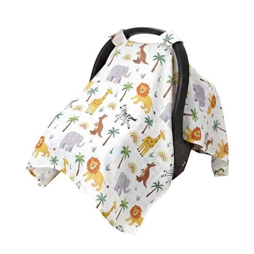 Rquite Baby Boy Car Seat Cover, 100% Muslin Cotton Infant Carseat Canopy, Soft Breathable Stroller Sun Shade & Newborn Shower Gift, Large Size Universal Fit Summer, Hot & Warm Weather (Forest Animals)