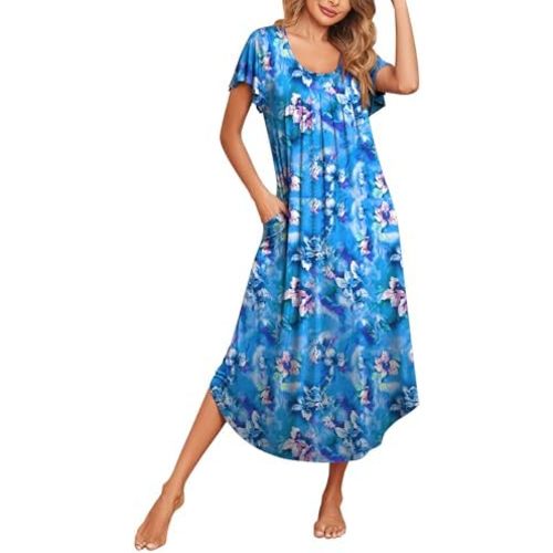 Ekouaer Long Nightgowns for Women with Pockets Short Sleeves Moo Moos for Women Casual Maxi Dress House Dresses S-XXXL