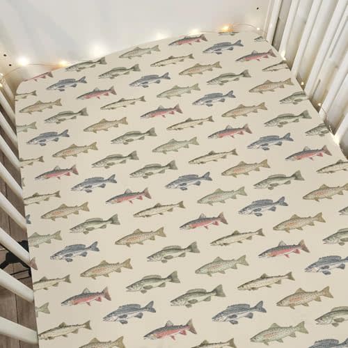 Lake Fishing Baby Crib Sheets for Boy Girl 52"x28" Freshwater Fishes Soft Snug Fitted Crib Mattress Covers Hunting Camping Nursery Baby Sheet for Crib & Toddler Bed Mattress Fishing Lover Gift