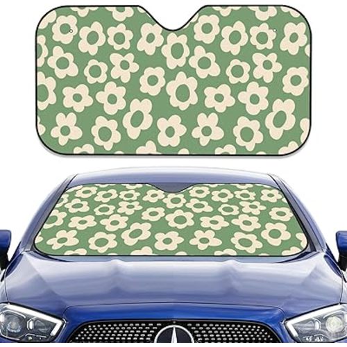 Car Sun Shade Windshield, Groovy Flowers Foldable Sunshade for Windshield, Green Flowers Silhouettes Sunshade Sun Heat UV Rays Visor Protector, 56 x 28 Inch