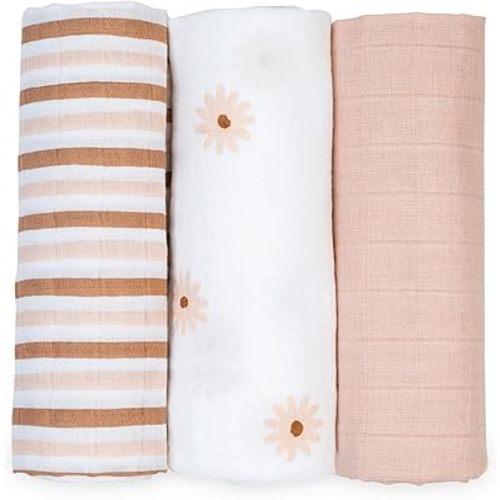 Lulujo Baby Receiving Blanket| Unisex Softest 100% Cotton Muslin Blanket| Neutral Receiving Blanket for Girls & Boys | 28in x 28in | Baby Gift| Daisies