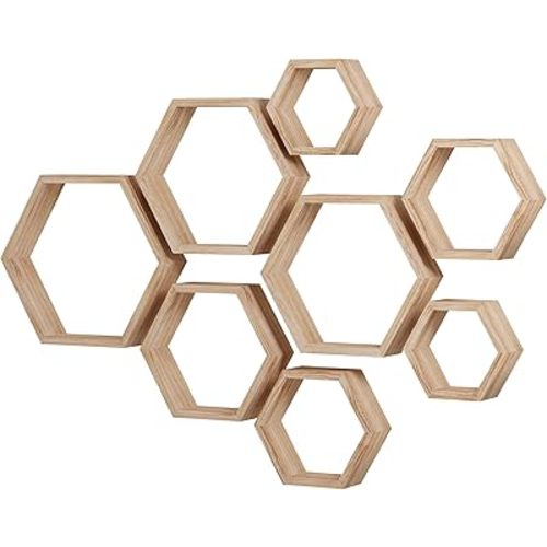 WONFUlity Hexagon Floating Shelves Honeycomb Shelves Wall Mounted Wood Farmhouse Storage Wall Shelf for Bathroom, Kitchen, Bedroom, Living Room,Driftwood Finish Decor,Light Brwon