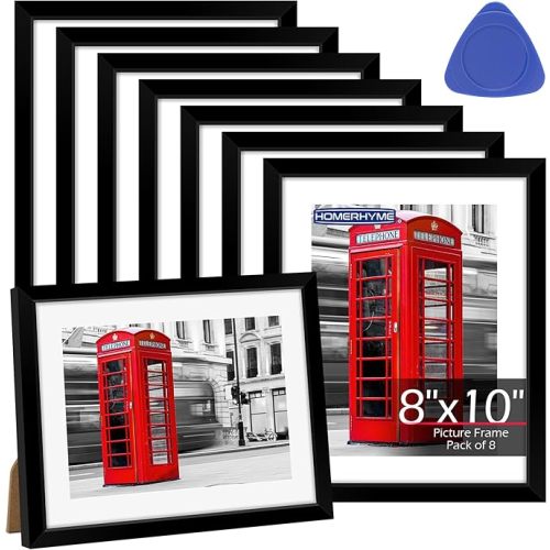 HOMERHYME 8x10 Picture Frame Set of 8, Black Photo Frames for Tabletop or Wall Display, Fits Pictures 5x7 with Mat or 8x10 Without Mat, Frame Collage with HD Plexiglass for Gallery Home Wall Decor