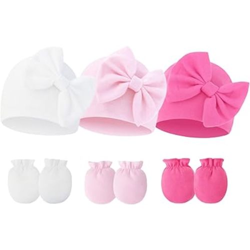 Newborn Baby Hats Mittens Sets Bow Infant Caps Gloves No Scratch Mitten Beanie Set for 0-6 Months Girls