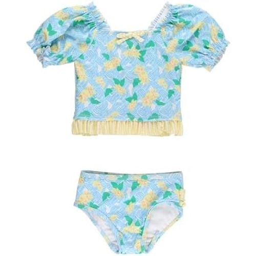 RuffleButts Baby/Toddler Girls UPF50+ Puff Sleeve Ruffle Tankini 2-Piece Swimsuit