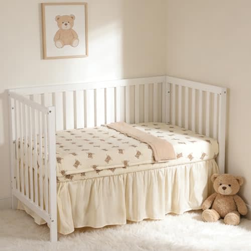 Organic Cotton Muslin Baby Crib Bedding Set 3 Piece Soft for Infant Newborn Toddler Boys Girls 52"x28", Nursery Bed Quilt Set Decor with Fitted Crib Sheet, Boho Quilted Comforter Blanket, Bed Skirt | GOTS Organic Cotton, Soft, Breathable, Skin-friendly...
