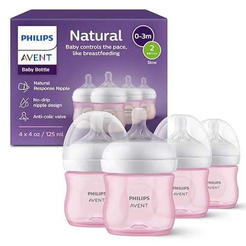 Philips Avent Natural Baby Bottles, Slow Flow, 4 oz, BPA-Free, 4-Pack | Baby-Controlled Flow, No-Drip Design, Reduces Colic and Gas with Anti-Colic Valve, Pink, SCY900/14