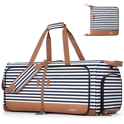 Lekesky Foldable Travel Duffle Bag for Women, 100L Large Duffel Bag with Separate Shoes Compartments & Straps, Carry On Weekend Bag for Women, Hospital, Overnight (Blue Stripes)