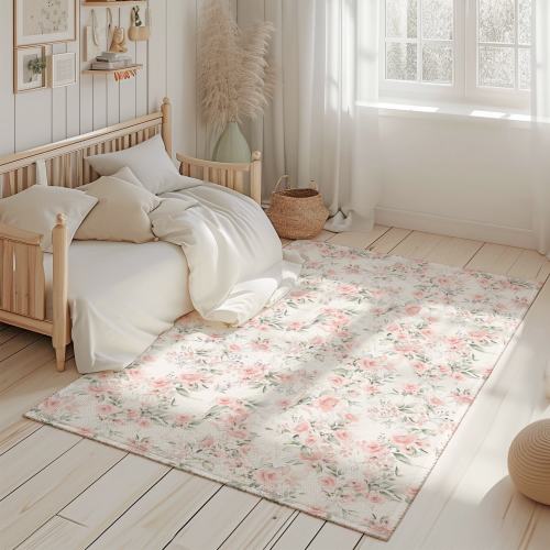 Gentle Pink Patterned Rug for Nursery Room, Baby Room Area Rug, Modern Bedroom Rug, Pink Floral Rug, Round Rectangle Living Room Carpet