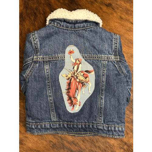 Classic Bronc Rider on Denim Sherpa Lined Jacket, Size 6-12 mons.