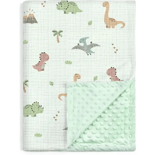 SANDJEST Dinosaur Minky Muslin & Dotted Blanket 30x40 in Gift for Holiday, Gender Reveal Party, Hospital Visit, Baptism