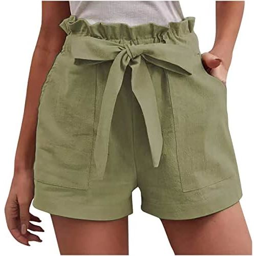 Womens High Waisted Paper Bag Shorts Soft Belted Cotton Linen Shorts Ruffle Elastic Waist Summer Casual Short Pants