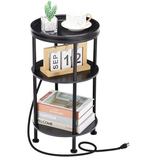 Small Round Side Table with Charging Station for Small Spaces, 3-Tier Accent Table with USB Ports & Power Outlets, Sofa Corner Tea Table for Living Room Nightstand Bedroom Apartment (Black)