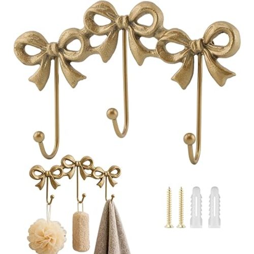 3-Pack Gold Bow Wall Hooks, Vintage Iron Wall Mounted Hooks for Hanging Coats, Towels, Bags, Decorative Hardware for Bathroom, Living Room, Includes Screws and Anchors