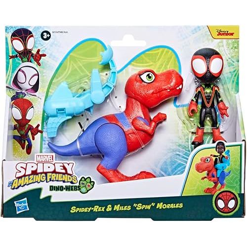 Marvel Spidey and His Amazing Friends Dino-Webs Spidey-Rex & Miles “Spin” Morales 4-inch-Scale Spider-Man Action Figure Set, Toys for Kids