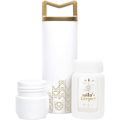 Mila's Keeper Portable Insulated Breast Milk Cooler Set | 20 Hr Storage | Cooler, Breast Milk Storage Bottle & Ice Pack for Travel | Fits Leading Pumps | Wide Neck Aspen White