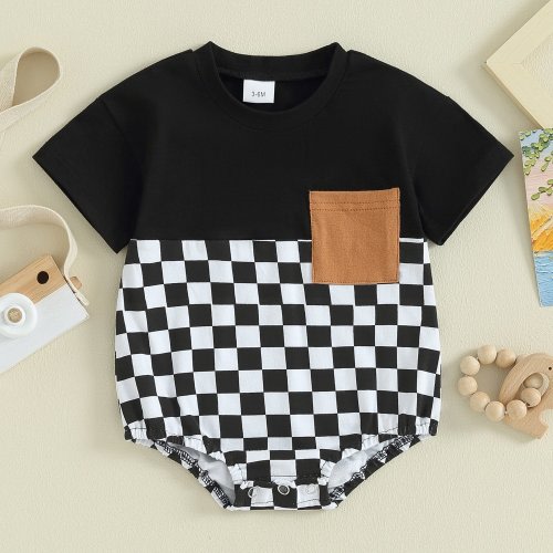 Baby Boy Romper Short Sleeve Checkerboard Print Bodysuit - White & Gingham Outfit with Snap Closure Pocket, All-Season Newborn Playsuit (Turquoise/Beige) - Soft Casual Outfit for Photoshoots & Casual Attire, Perfect for Outdoor