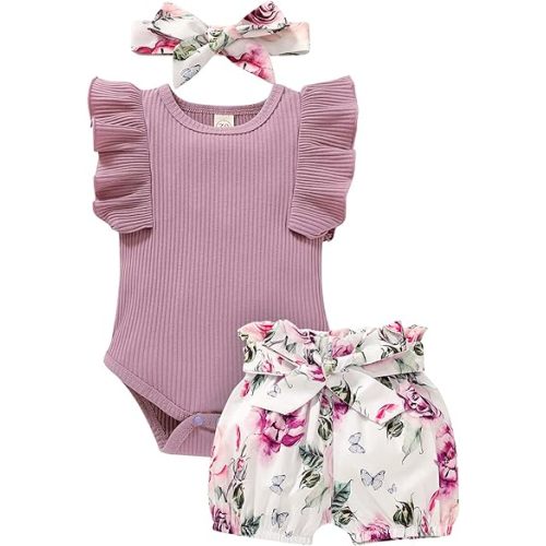 Tiny Cutey Baby Girl Clothes Infant Summer Outfits Set Ruffle Sleeve Romper and Floral Shorts with Headband