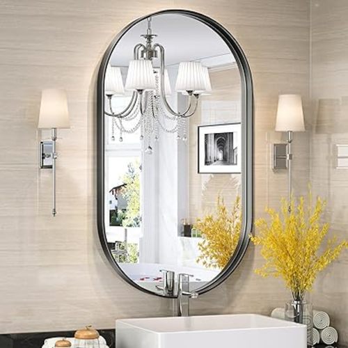 Brightify 20x36 Inch Black Oval Mirror for Bathroom, Matte Black Vanity Mirrors Metal Frame, Wall Mounted Mirror for Bedroom Fireplace Wall Decor Hang Vertical and Horizontal