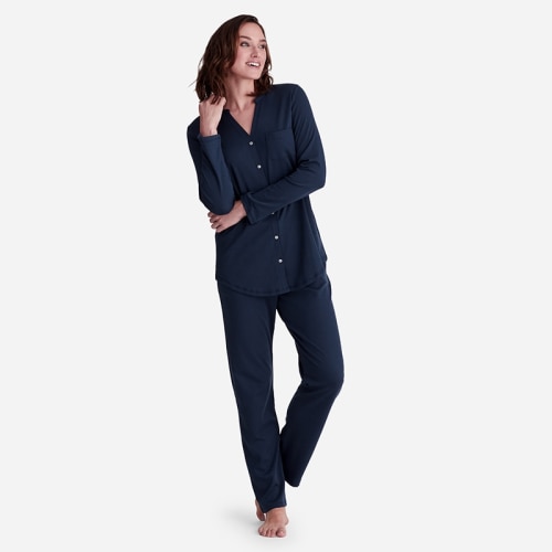 Pima Cotton Women's Button-Down Pajama Set - Large Navy