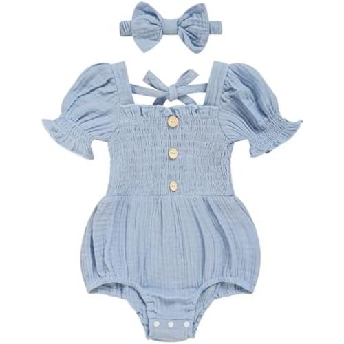 Baby Girl Romper Newborn Puff Sleeve Smocked Outfit with Headband for Infants Soft Cotton Photo Shoot