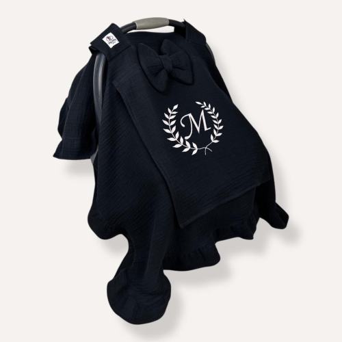 Personalized Black Muslin Car Seat Cover | 4-Layer Baby Carseat Canopy, Handmade