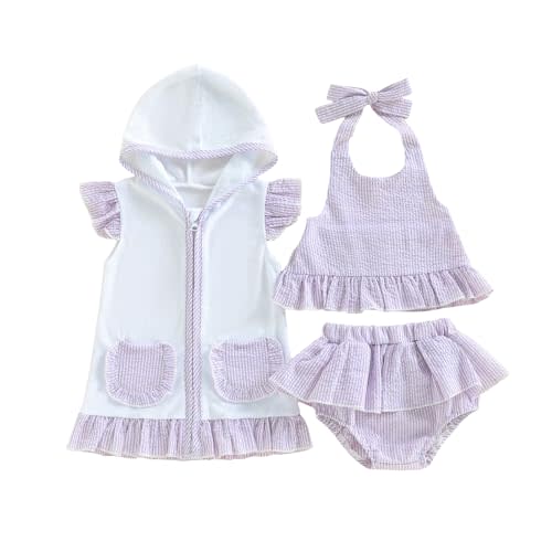 Toddler Baby Girl Seersucker Swimsuit Striped Outfits Zipper Hoodies Tie-up Tops Ruffle Shorts Summer Bathing Suits