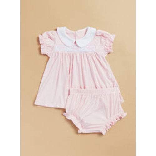 Janie Classic Bow Smocked Dress and Bloomer Set in Pink | Tullabee