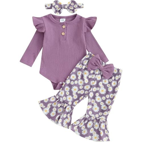 fhutpw Newborn Baby Girl Clothes Rib Frill Long Sleeve Romper Daisy Flared Pants Headband Set 3pcs Fall Winter Outfits