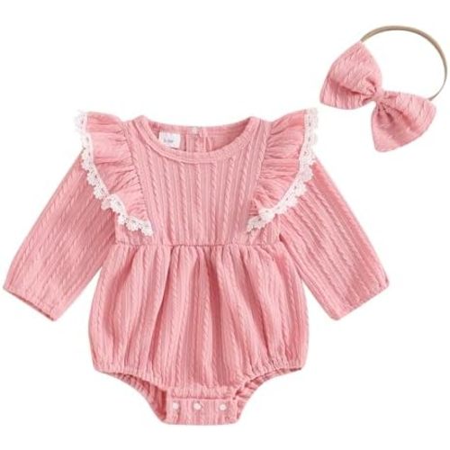 Douhoow Baby Girl Sweatshirt Romper Infant Baby Knit Romper Ruffle Festival Clothes Fall Winter Outfits with Headband
