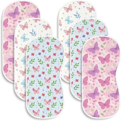 6 Pack （3×2） Butterfly Baby Burp Cloths, 20x10 Contoured Burp Rags with Watercolor Floral & Garden Print, Ultra Absorbent Soft Shoulder Pads Newborn Registry Gift for Girls