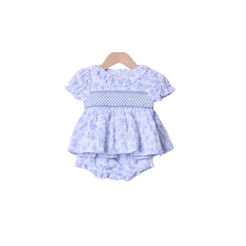 Smocked Blue Floral Heirloom Bloomer Set