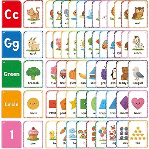 Flash Cards are Designed for Toddlers Aged 1-3. The Set Includes 56 Double-Sided Preschool Flash Cards Featuring The Alphabet, Numbers, Colors, and Shapes.