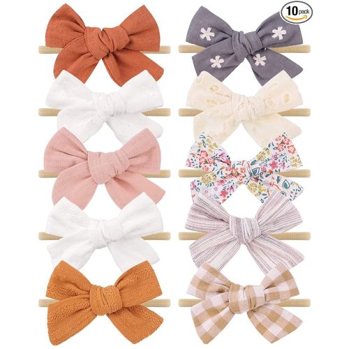 10PCS 3.5In Baby Girls Headbands Hair Bows Nylon Linen Hairbands | Handmade Hair Accessories for Newborn Infant Toddlers Little Girl and Kids