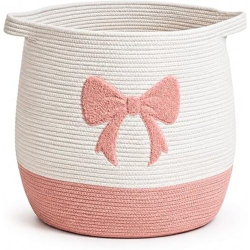 Baby Laundry Basket, Toy Storage Basket for Kids, Large Nursery Storage Basket with Pink Bow Design, Cotton Rope Organizer Bin with Handles for Toys, Blankets, Clothes and Baby Essentials