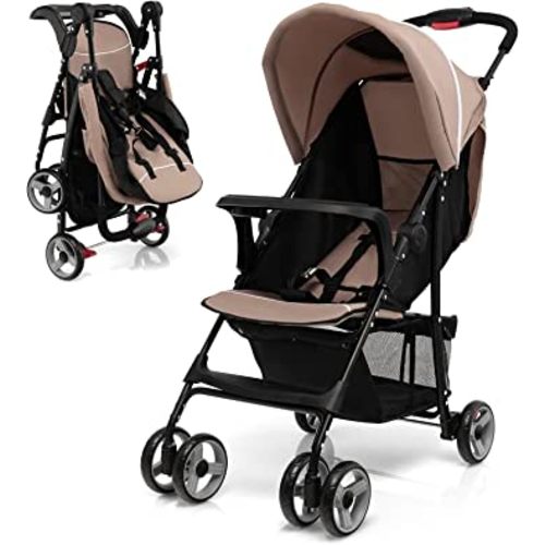 HONEY JOY Travel Stroller, Quick Fold Lightweight Baby Umbrella Stroller for Airplane, Adjustable Canopy & Backrest, Storage Basket, Removable Meal Tray, Compact Stroller Newborn and Toddler(Coffee)