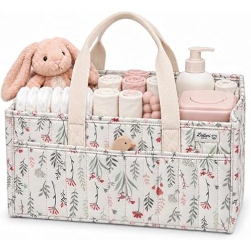 Diaper Caddy Organizer, Floral Design, Portable Nursery Basket with 3 Front Pockets and Zipper Pockets for Baby Essentials