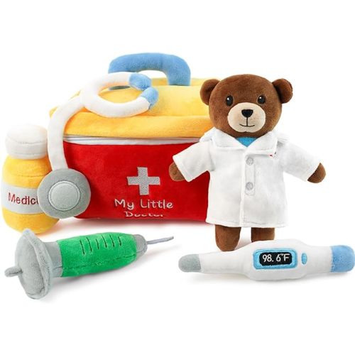 Baby Sensory Toys 0-6-18 Months My Little Doctor Baby Bear Plush Toys Soft Plush Toy Doctor Kit for Toddlers and Kids Pretend Play Toys Set for Boys Girls Montessori Rattle Toy 6 PCS (Bear, Kit)