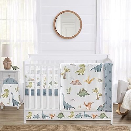 Sweet Jojo Designs Watercolor Dinosaur Dino Boy Baby Crib Bedding Set Infant Nursery Room BreathableBaby Breathable Mesh Crib Liner 6p Green Blue White Modern Dinosaurs Jurassic Animal Track Footprint