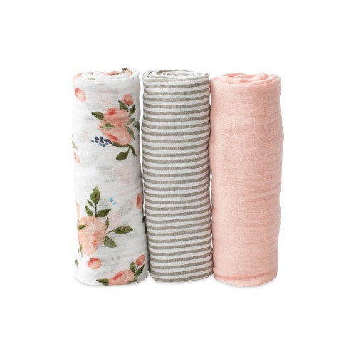 little unicorn 3-Pack Organic Cotton Muslin Swaddle Blankets, Watercolor Roses