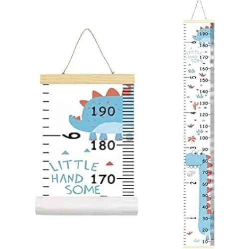 Kids Growth Chart, Wood Frame Fabric Canvas Height Measurement Ruler from Baby to Adult for Child's Room Decoration 7.9 x 79in (7.9 x 79in, Blue Dinosaur)