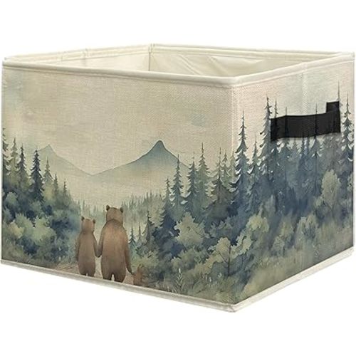 Forest Bear Nursery Storage Bins, Watercolor Forest Animal Collapsible Storage Box Laundry Basket with Handle for Kids Bedroom Bathroom Playroom Nursery Clothes Toys Books