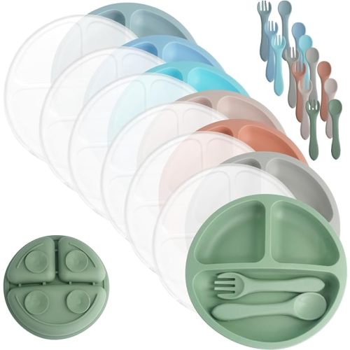 7 Pack Suction Plates Divided Design Silicone Baby Plates Set with Lids Dishwasher and Microwave for Toddlers, Assorted Colors(Elegant Colors)