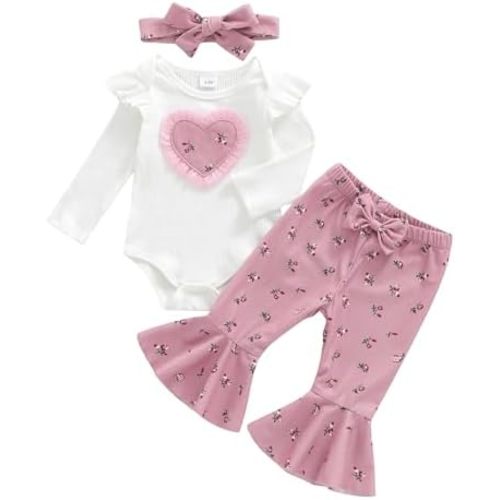 Newborn Baby Girl Outfit Heart Ruffled Long Sleeve Romper Floral Print Flare Pants Set Infant Fall Clothes Headband