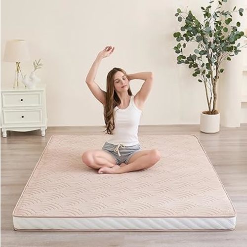 Japanese Floor Mattress, Quilted Futon Mattress with Anti-Slip Bottom, Foldable Floor Bed with Storage Bag and Straps, (Beige, Full)