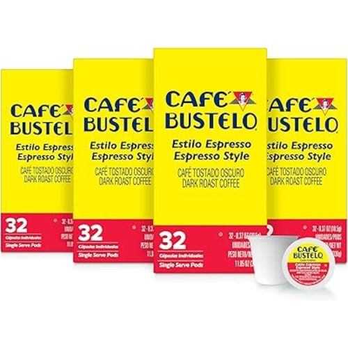 Café Bustelo Espresso Style Dark Roast, Single Serve Coffee Pods, 32 Count (Pack of 4)