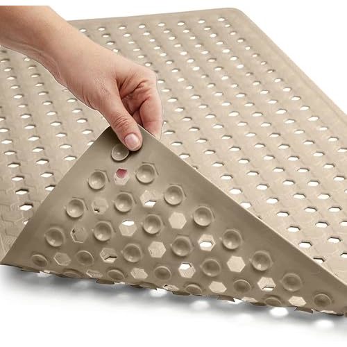 GORILLA GRIP Patented Bath Tub Shower Mat, Machine Washable Bathtub Floor Liner Mats, Suction Cups and Drain Holes to Keep Tubs Clean, Soft on Feet, Bathroom Essentials, 35x16 Inch, Beige
