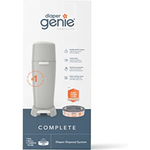Diaper Genie Complete Pail with Built-In Odor Controlling Antimicrobial, Includes Pail and 1 Refill, Gray Pail, 2 Piece Set (Pack of 1)